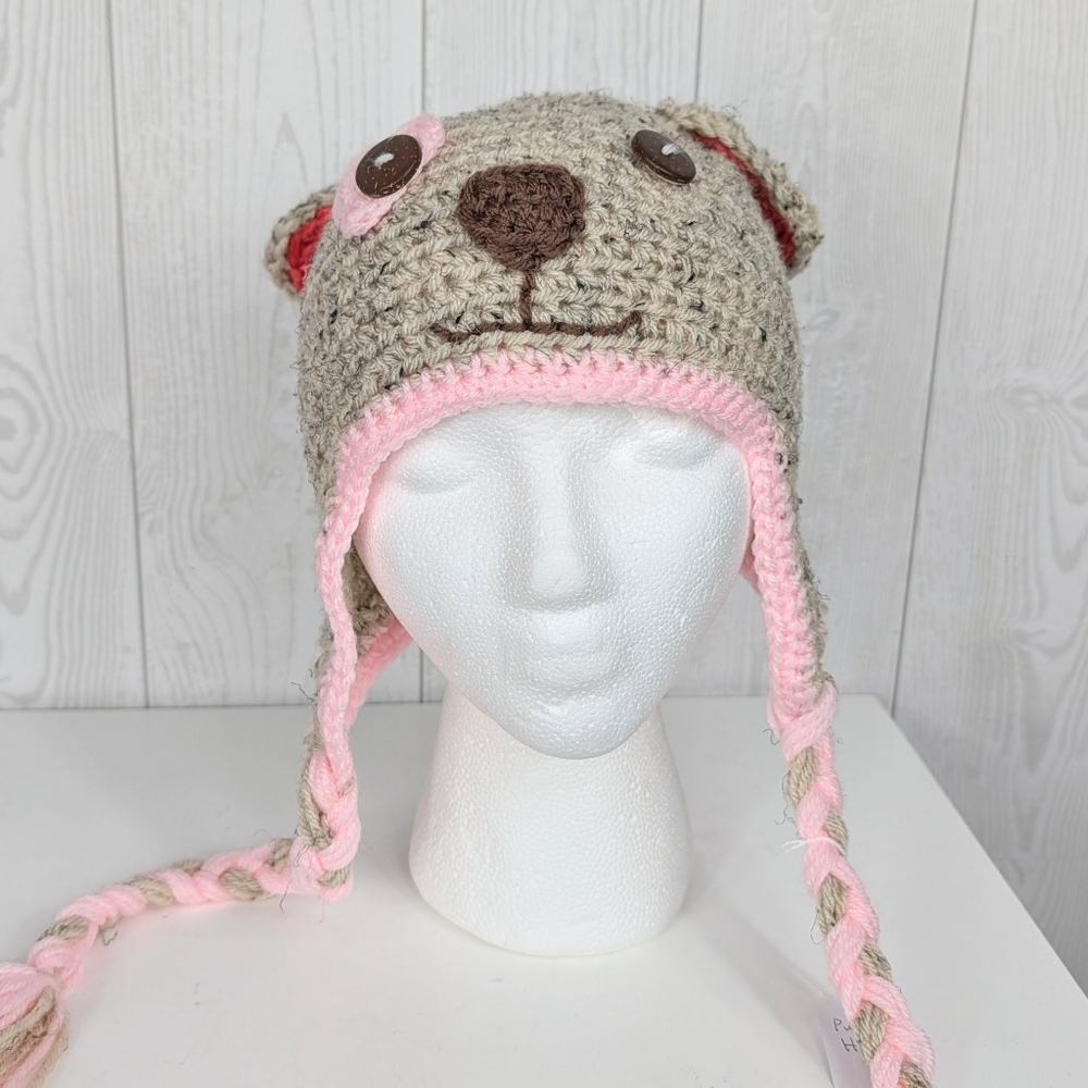 Hand Knitted Dog Hat For Kids Hat With Ear Flaps and Braids Ears Eyes Nose Mouth